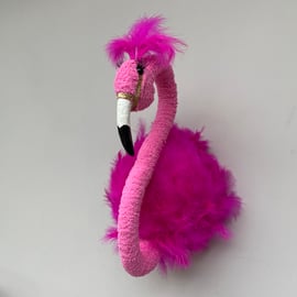 Handmade feathered pink baby flamingo head faux taxidermy wall mounted