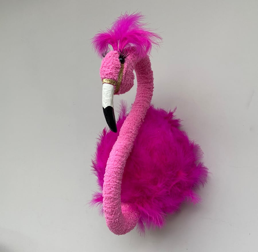 Handmade feathered pink baby flamingo head faux taxidermy wall mounted