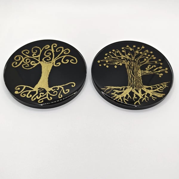 Tree Of Life Handmade resin Coaster: Black And Gold Spiritual Home Decor