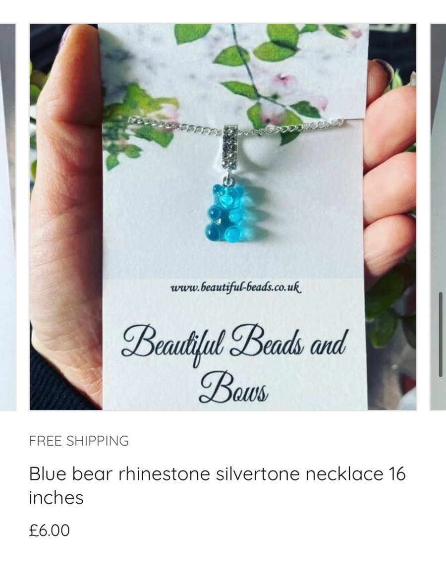 Blue rhinestone bear pendant necklace silvertone curb chain gift ladies