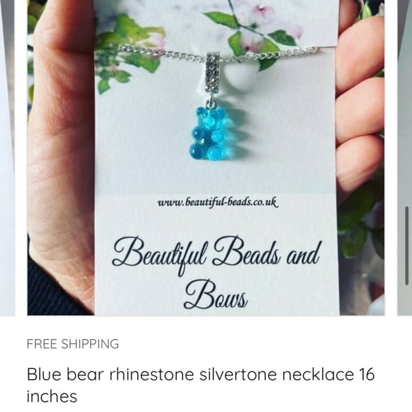 Blue rhinestone bear pendant necklace silvertone curb chain gift ladies