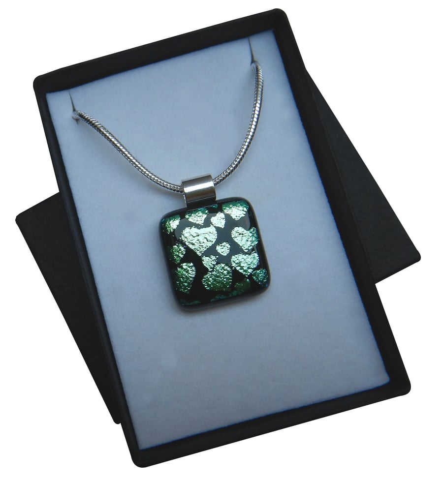 HANDMADE FUSED DICHROIC GLASS 'SILVER GREEN HEARTS' PENDANT.