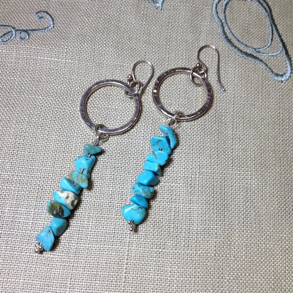 Silver Hoop and Turquoise Chips Dangle Earrings. 