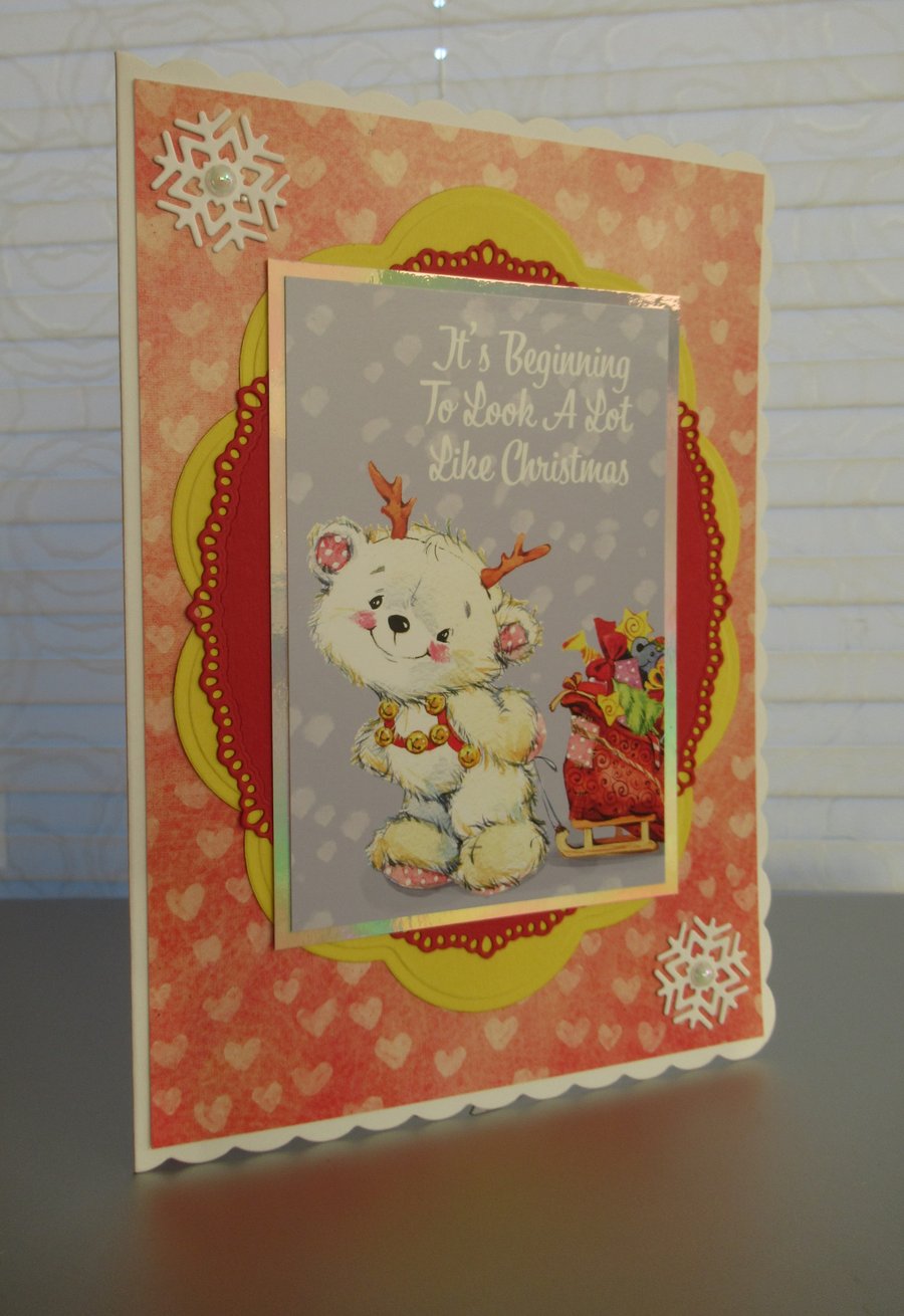 White Bear With Sleigh - A5 Card