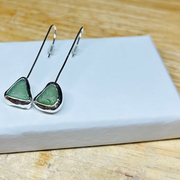 Handmade Sterling Silver & Light Green Welsh Sea Glass Stylish Drop Earrings