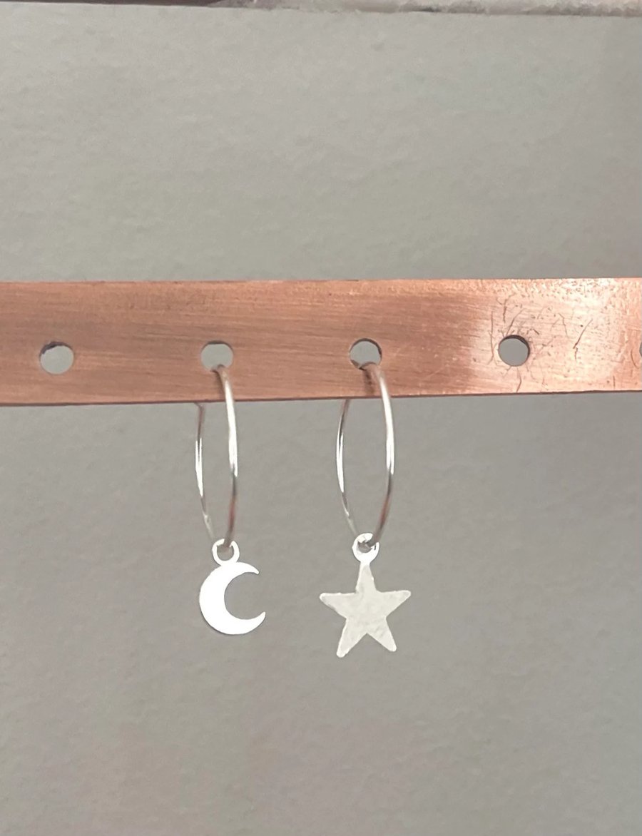 Mismatched Star and Moon  Sterling Silver Hoops Earrings