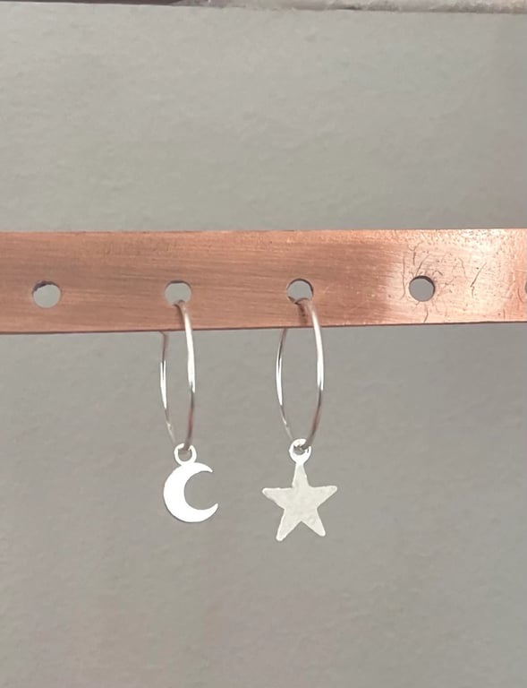 Mismatched Star and Moon  Sterling Silver Hoops Earrings