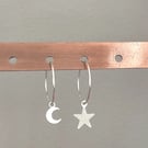 Mismatched Star and Moon  Sterling Silver Hoops Earrings