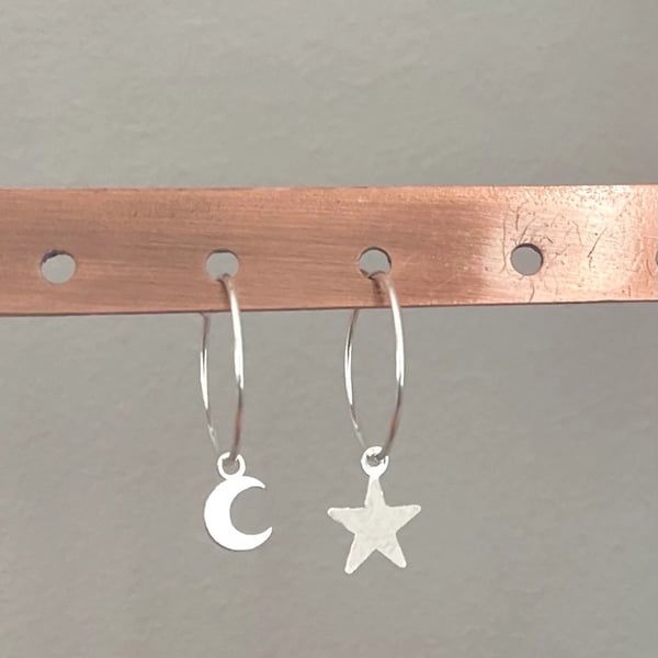 Mismatched Star and Moon  Sterling Silver Hoops Earrings