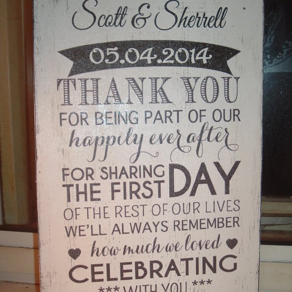 shabby chic wedding thank you sign plaque new design personalised SIGN