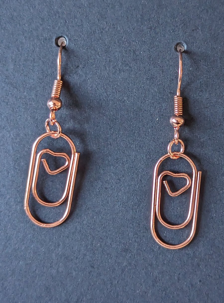 Rose Gold Colour Dangle Heart Paperclip Earrings Jewellery Gift