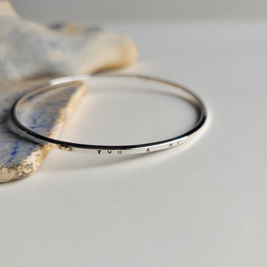 Perfectly Imperfect, Gold heart Silver Bangle with Hand Stamped Message
