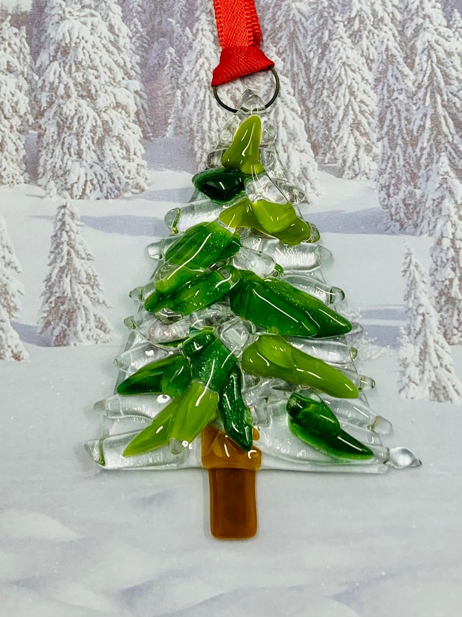 Handmade Fused Glass Xmas Tree Hanging Christmas Decoration 