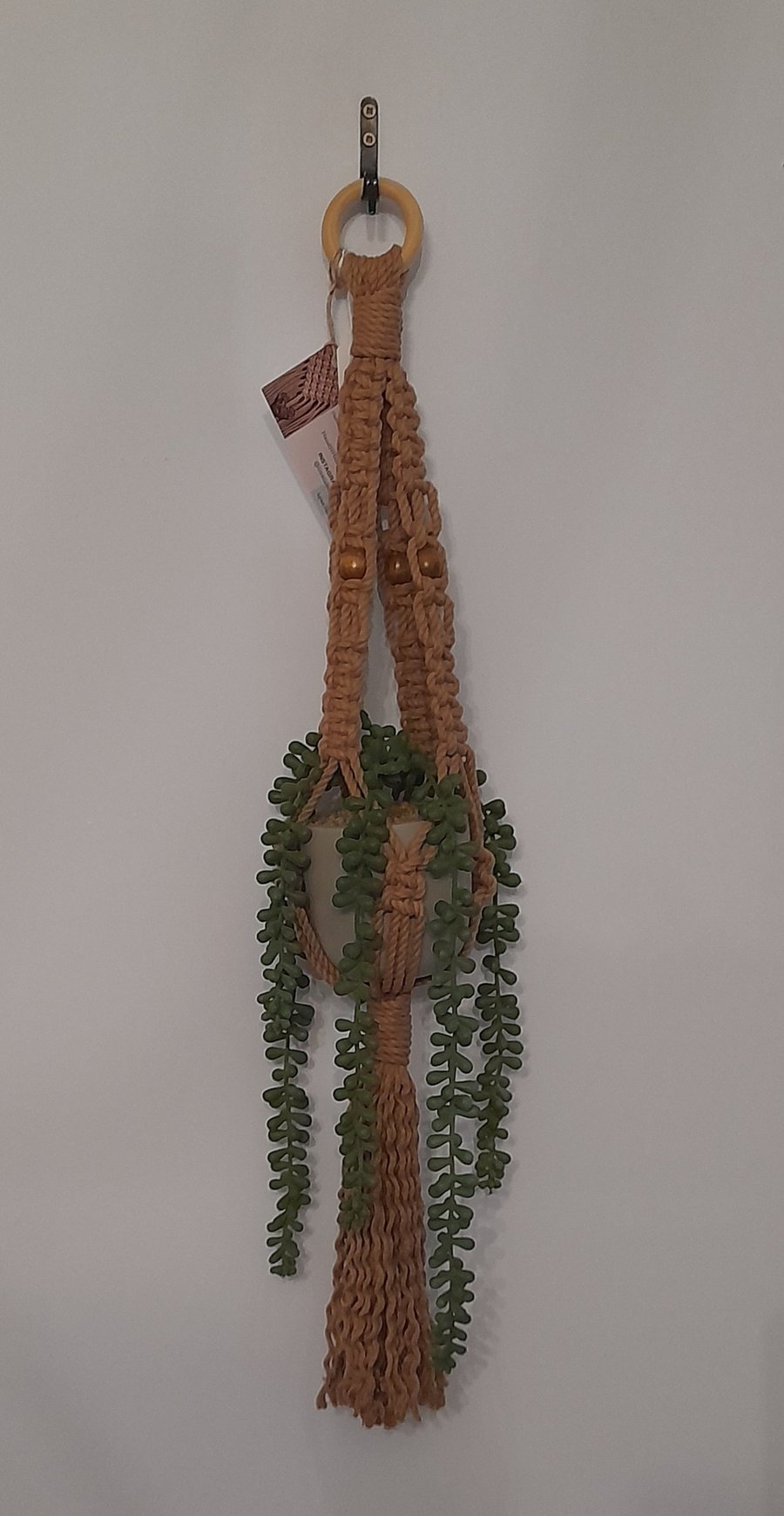 Handmade Brown  Macrame Hanging Basket - Recycled Twine, Wooden Beads