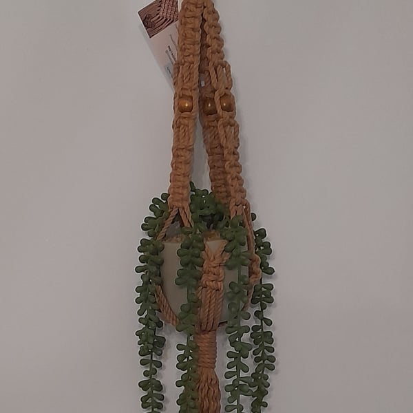 Handmade Brown  Macrame Hanging Basket - Recycled Twine, Wooden Beads