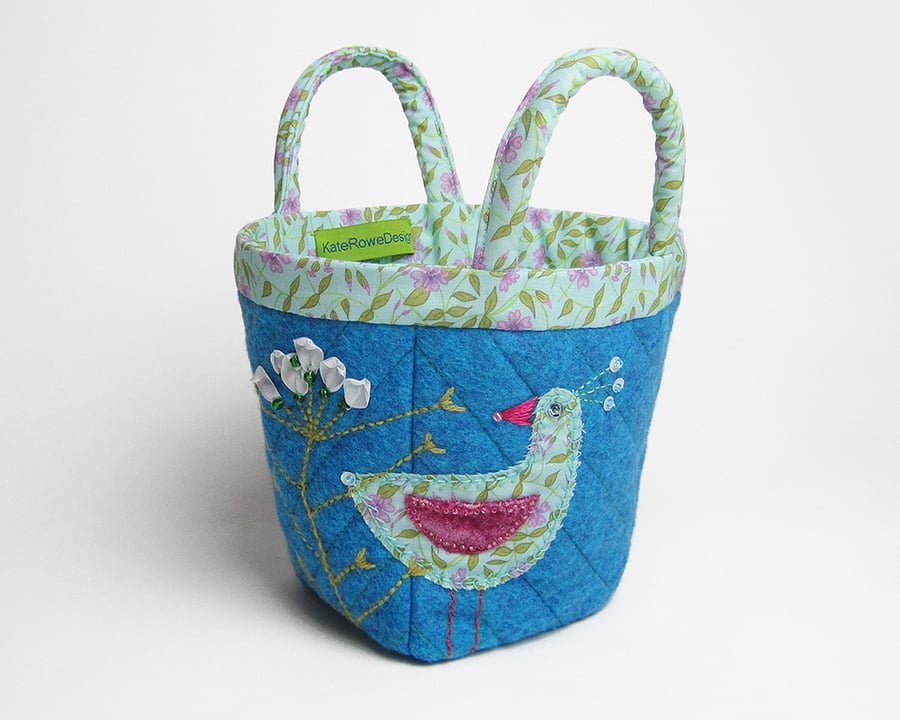 Turquoise bijou project bag with bird and flower embroidery