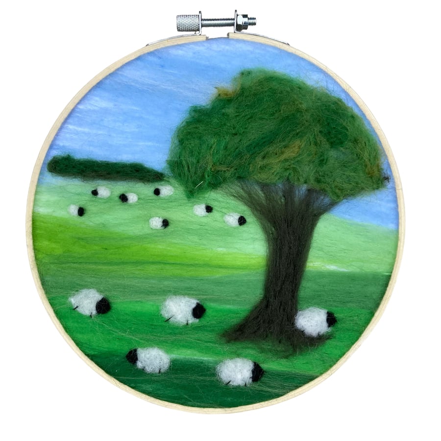Needle felted hoop art - Sheep in the fields