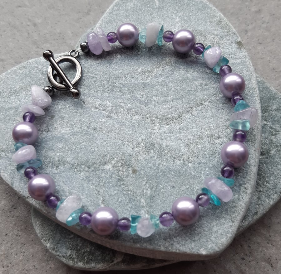 Shell Pearl Amethyst and apatite Beaded Bracelet Black Plated