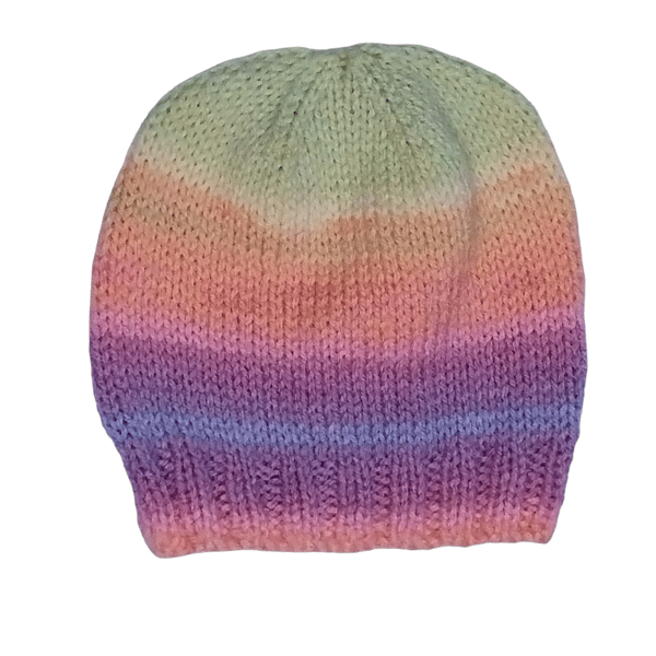 Hand Knitted Baby Beanie Hat for Girls, Pastel Stripes, Newborn Gift