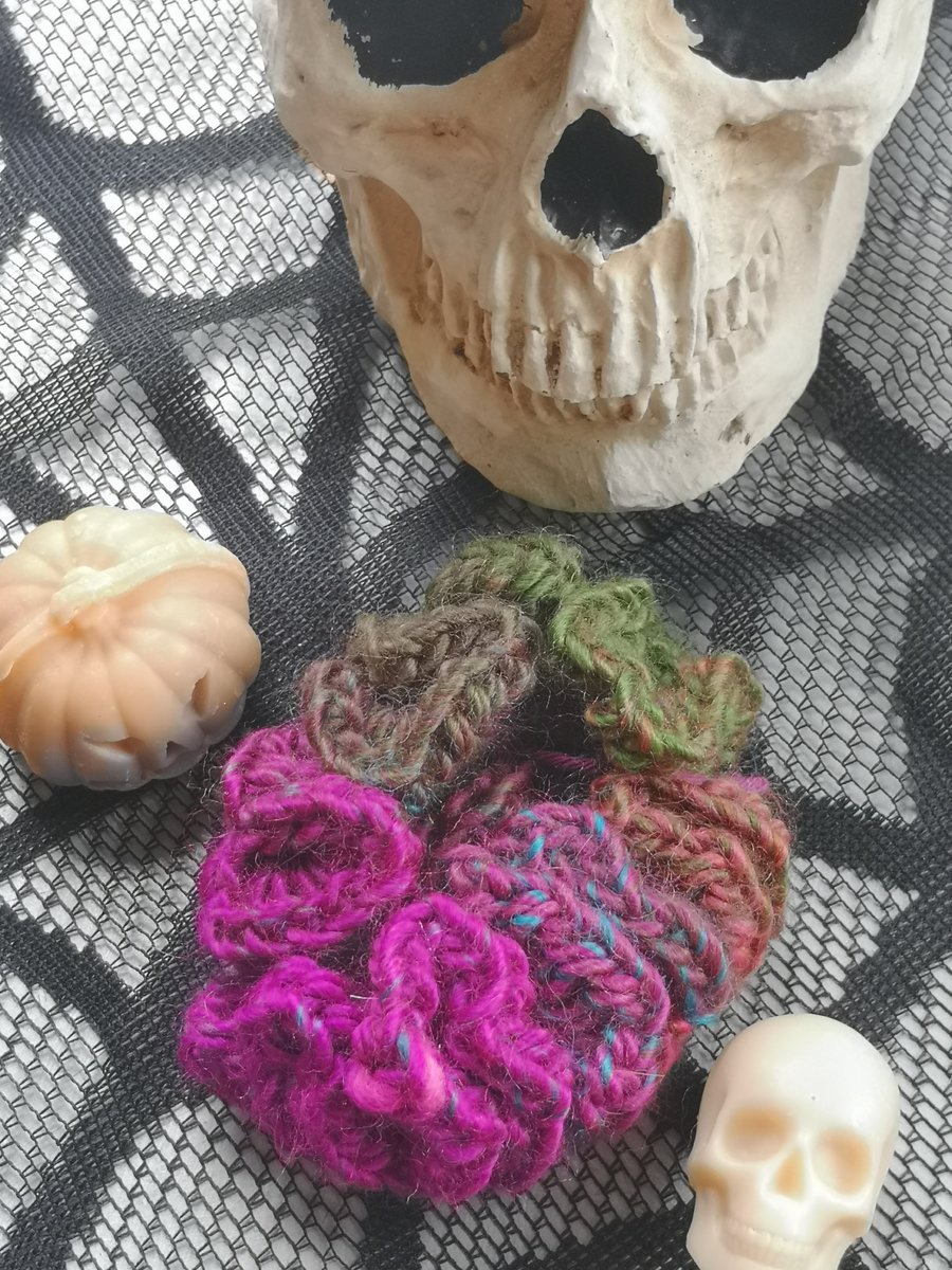 Hair Scrunchie in Green and Pinks.  Crochet