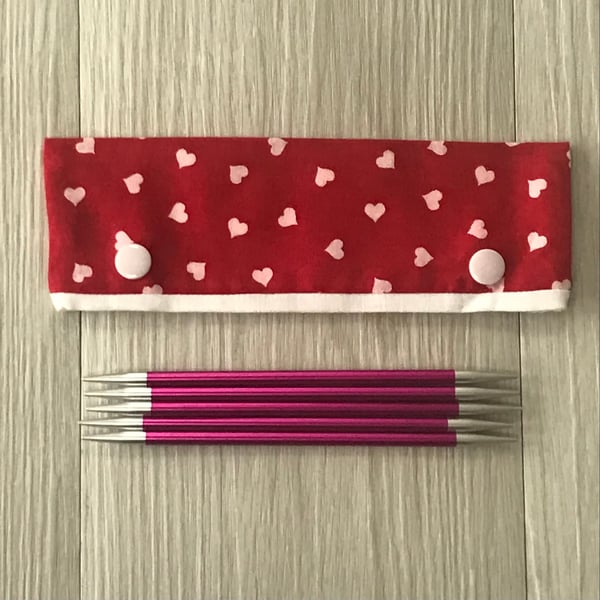 DPN cosy, holder or case for 6” DPNs - Hearts on red fabric