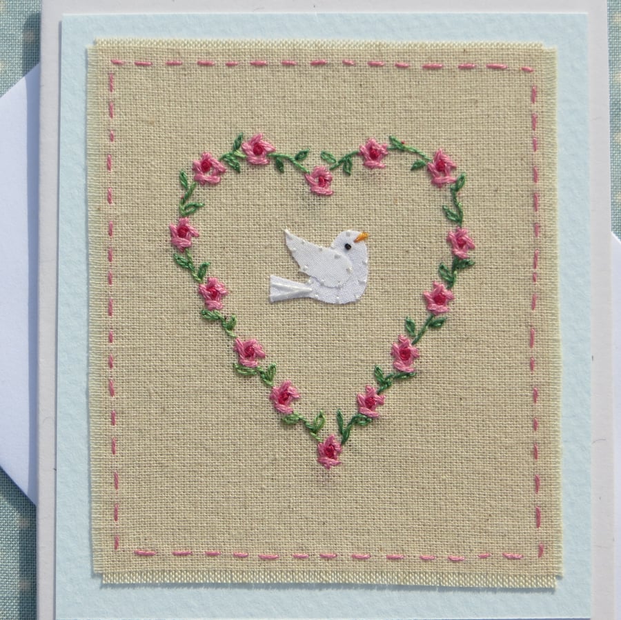 Dove with Love, hand-stitched, special little card to keep, for any occasion