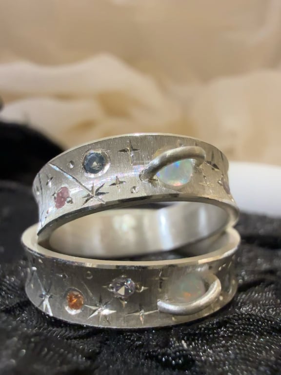 Planet inspired 925 silver rings with brush finished