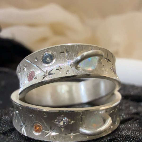 Planet inspired 925 silver rings with brush finished