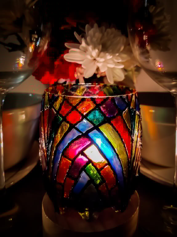 Hand-Painted Stained Glass Effect Candle Holder Lantern–Colourful Archway Design