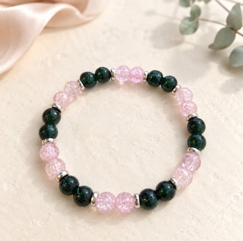Dark Green and Blush Pink Crackle Bead Bracelet – Handmade Stretch Jewellery