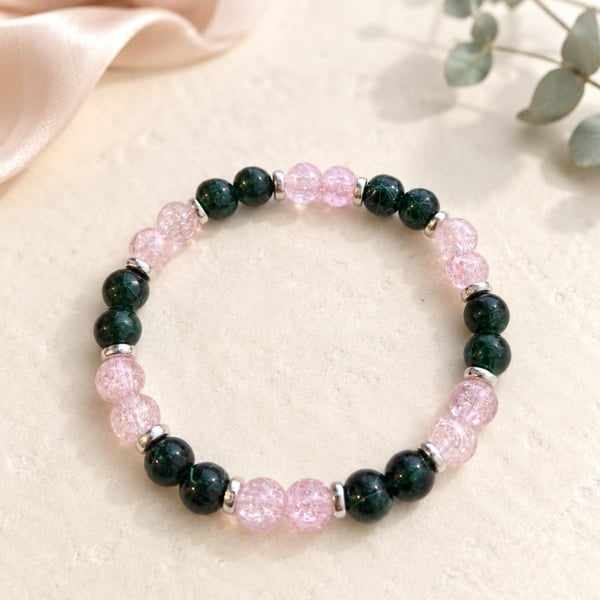 Dark Green and Blush Pink Crackle Bead Bracelet – Handmade Stretch Jewellery