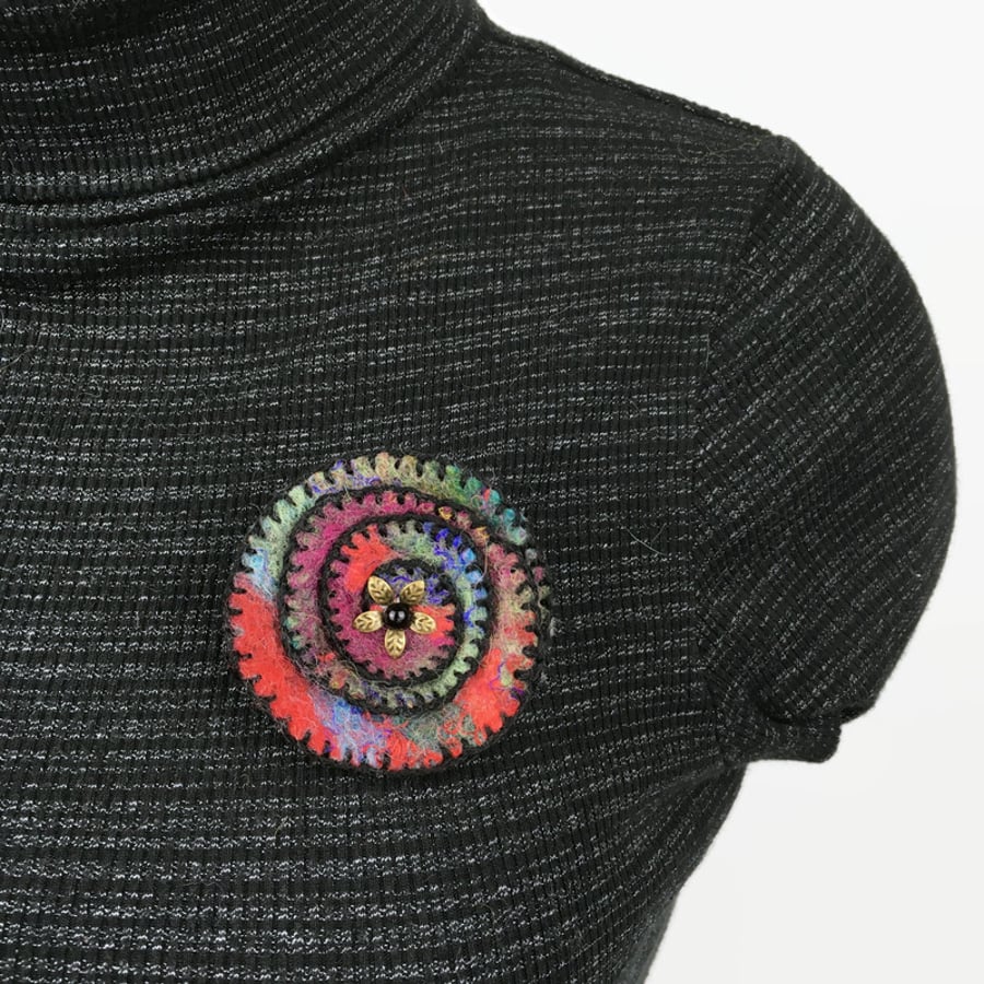 Seconds Sunday - Multicoloured spiral felt brooch with black stitching