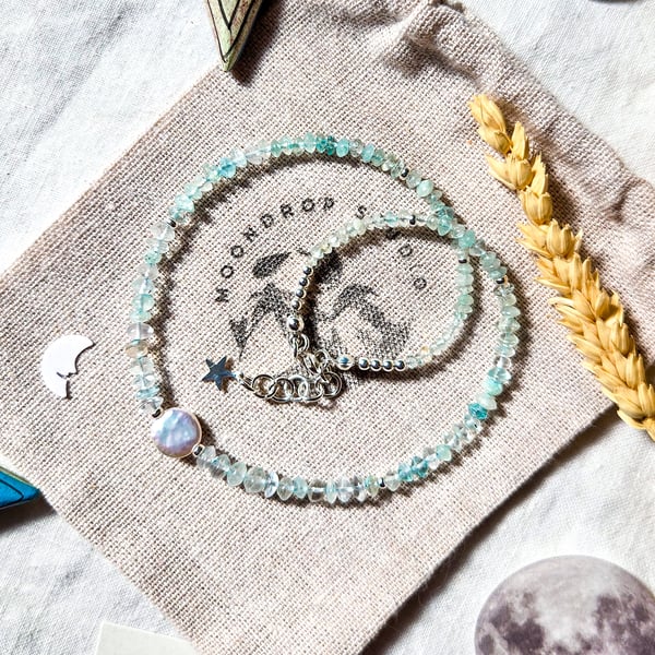 Aquamarine Gemstone Necklace - Freshwater Coin Pearl Necklace - One-of-a-kind 