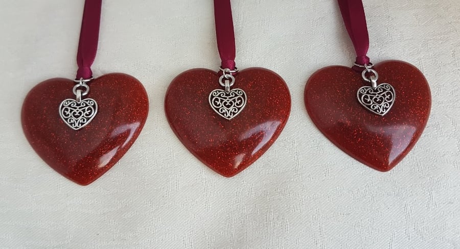 Christmas Red Heart Shaped Tree Decorations - Set of 3 With Charms.