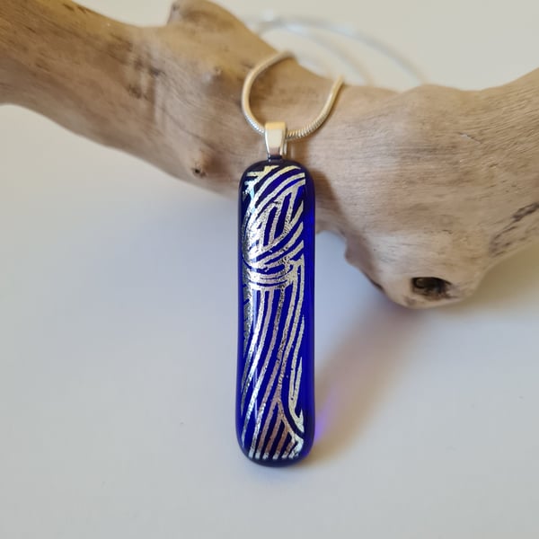 Fused glass blue and silver pendant