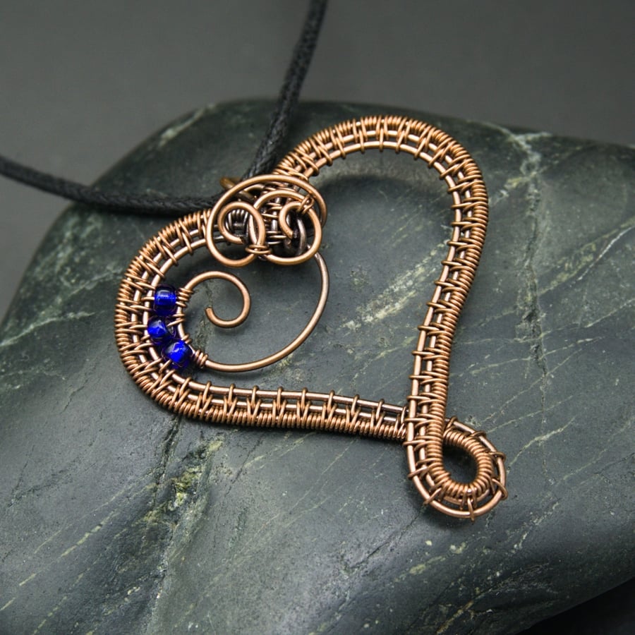 Copper Wire Weave Heart Pendant with Royal Blue Glass Seed Beads