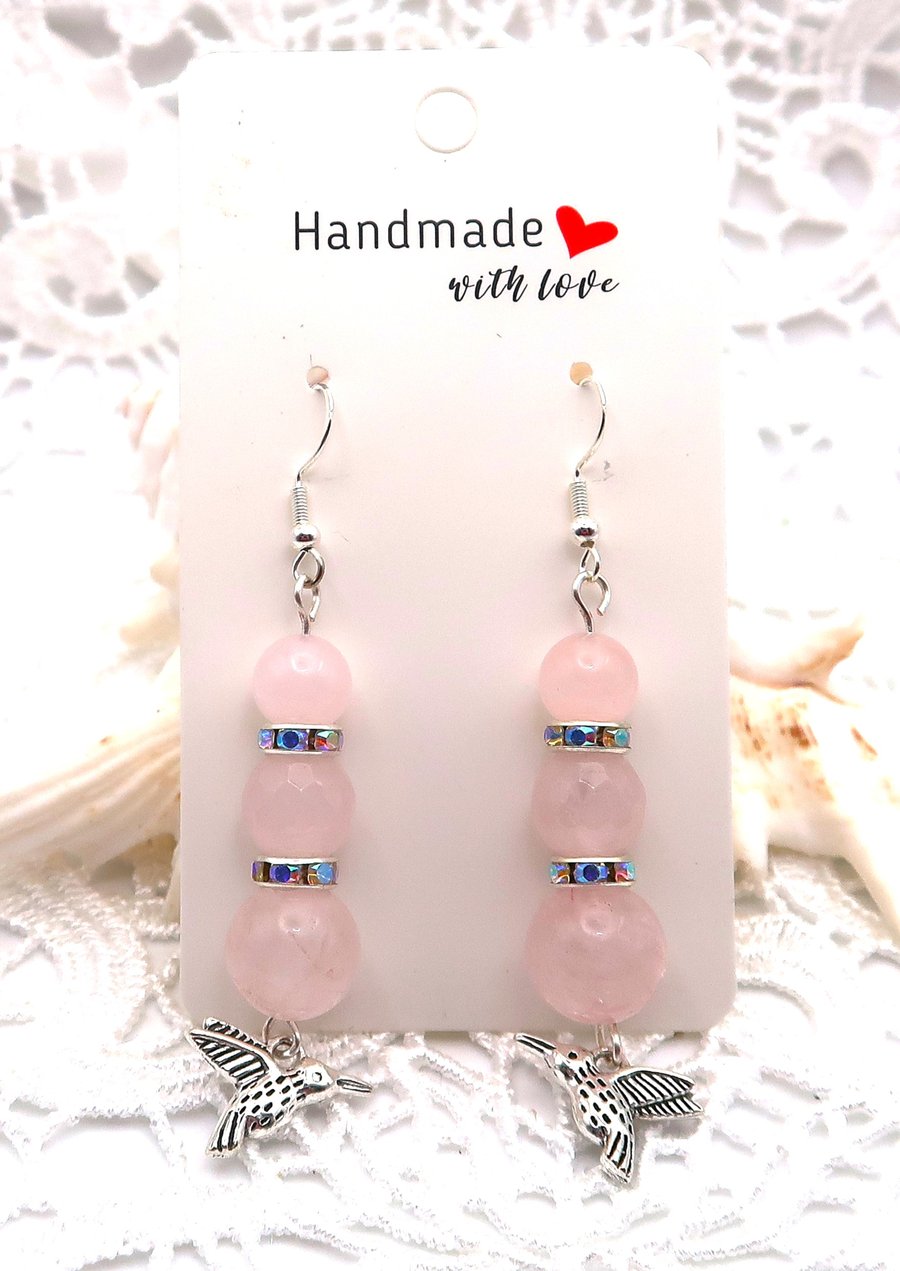 Rose Quartz and Rhinestone Drop Earrings with Hummingbird Charm. Free UK Postage