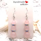 Sterling Silver Rose Quartz and Rhinestone Drop Earrings with Hummingbird Charm