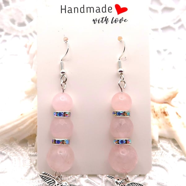 Rose Quartz and Rhinestone Drop Earrings with Hummingbird Charm. Free UK Postage
