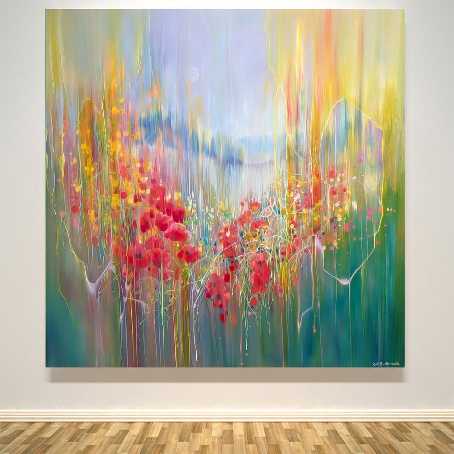 The Hares Summer Song flower meadow with painting with hare, moon and poppies