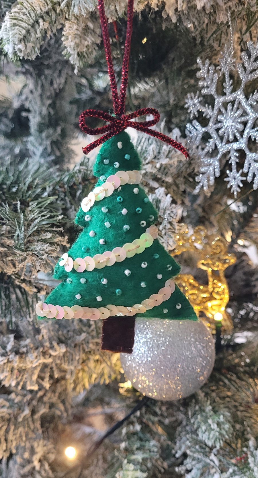 hand stitched christmas tree ornament, felt beeds and sequin, luxury unique 