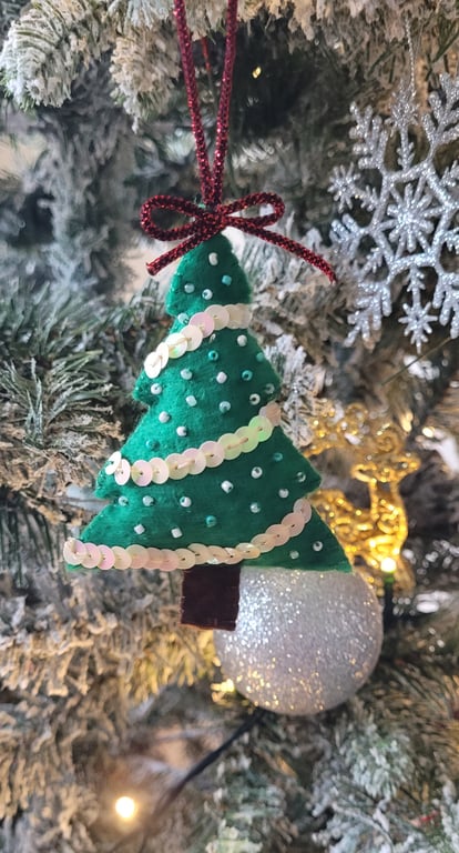 hand stitched christmas tree ornament, felt beeds and sequin, luxury unique 
