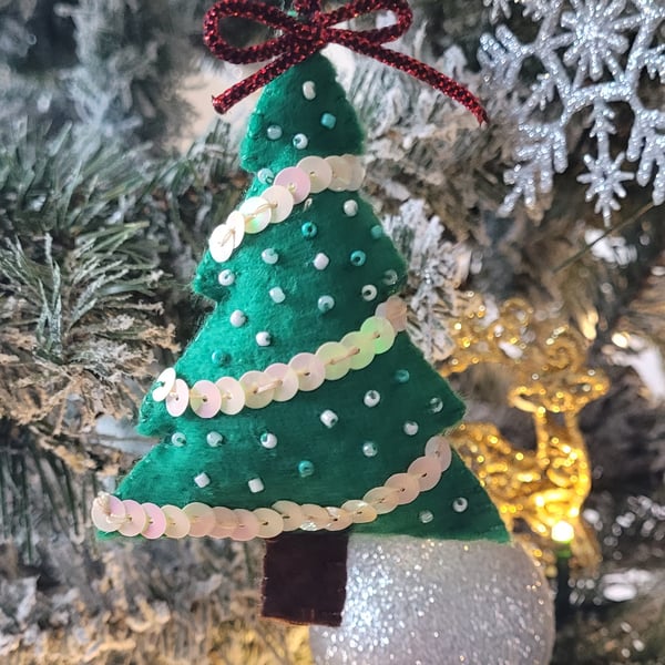 hand stitched christmas tree ornament, felt beeds and sequin, luxury unique 