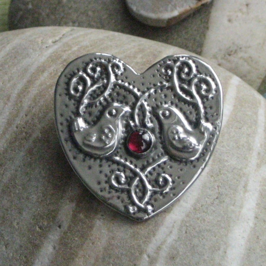 Silver Pewter Heart Birds Brooch with Garnet