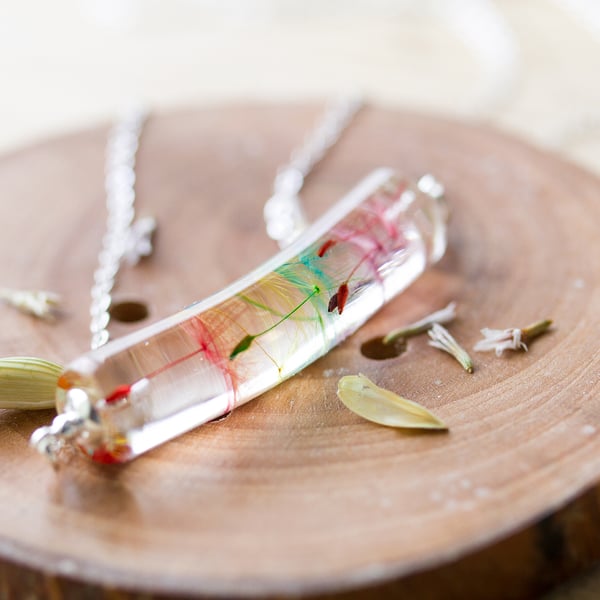 Dandelion Rainbow Wish Cylinder Necklace - Sterling Silver - Botanical Jewellery