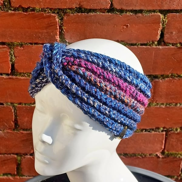 Classic twisted crochet headband, chunky marble blue ear warmer