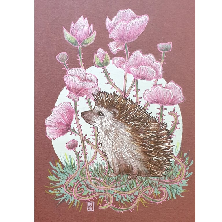 Hedgehog with pink flowers, original artwork, small drawing