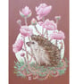 Hedgehog with pink flowers, original artwork, small drawing