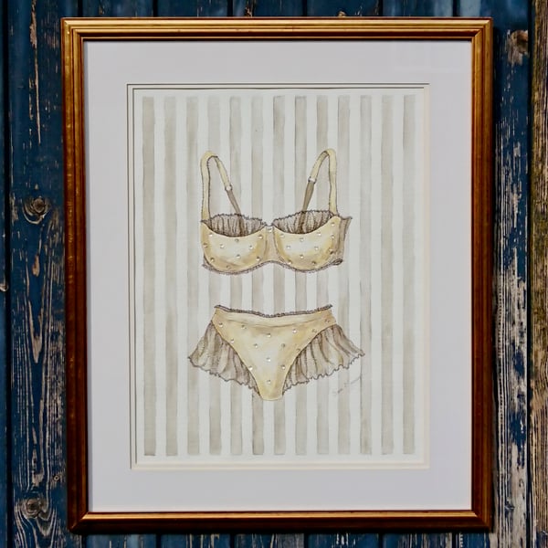 Cream bra and knickers watercolour painting with sequins and sepia background