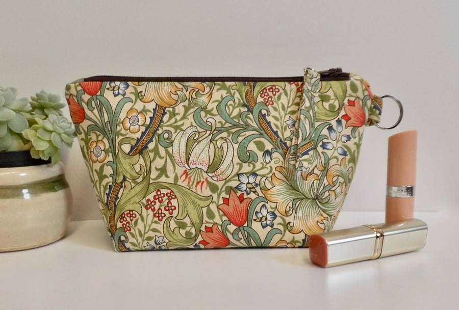 SOLD Make up bag in William Morris fabric Golden Lily green